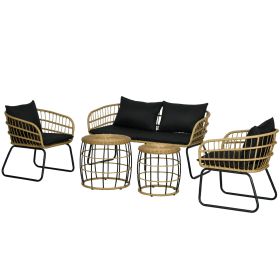 5-Piece Rattan Patio Furniture Set, Includes Cushioned Loveseat, Chairs, and Stackable Tables, Black