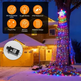 1Pc 11.48FT 350LED Multicolored Christmas Star Waterfall Tree String Light Indoor Outdoor Waterproof String Lights With Star Topper 8 Light Modes (Option: Colorful)