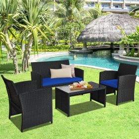 4 Pieces Rattan Patio Furniture Set with Weather Resistant Cushions and Tempered Glass Tabletop (Color: Navy)