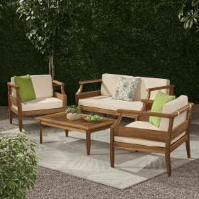 Aston Outdoor Mid-Century Modern Cushioned Acacia 4-seat Chat Set - Teak Finish + Cream Cushion (Color: as Pic)